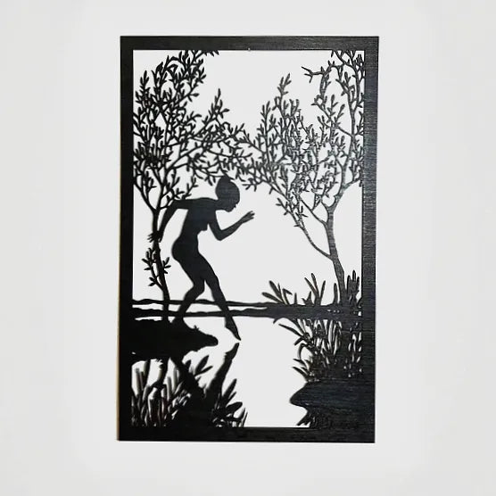 Décoration murale en bois artisanale - Paysage rivière avec silhouette