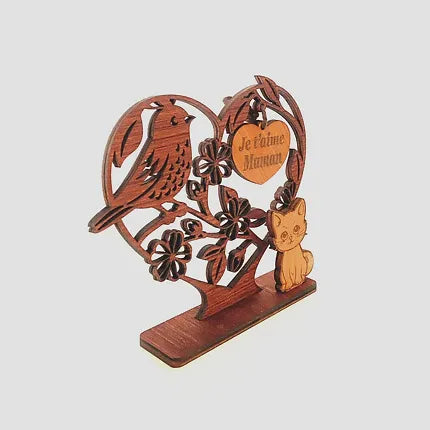 Flowery Heart with Bird and Cat - Customizable Message "I love you mom"