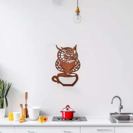 Tableau Décoratif en Bois - Hibou avec tasse, fabriqué à la main en France