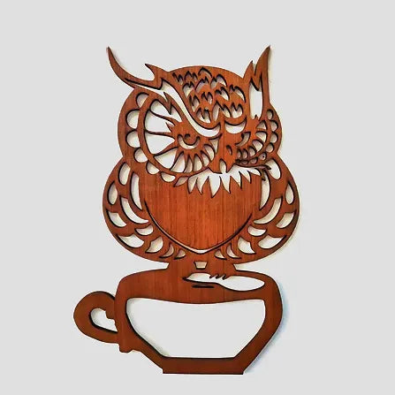 Tableau Décoratif en Bois - Hibou avec tasse, fabriqué à la main en France