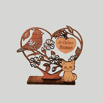 Flowery Heart with Bird and Cat - Customizable Message "I love you mom"