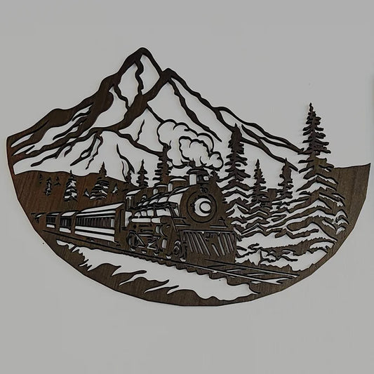 Décoration murale en bois artisanale - Train et montagnes