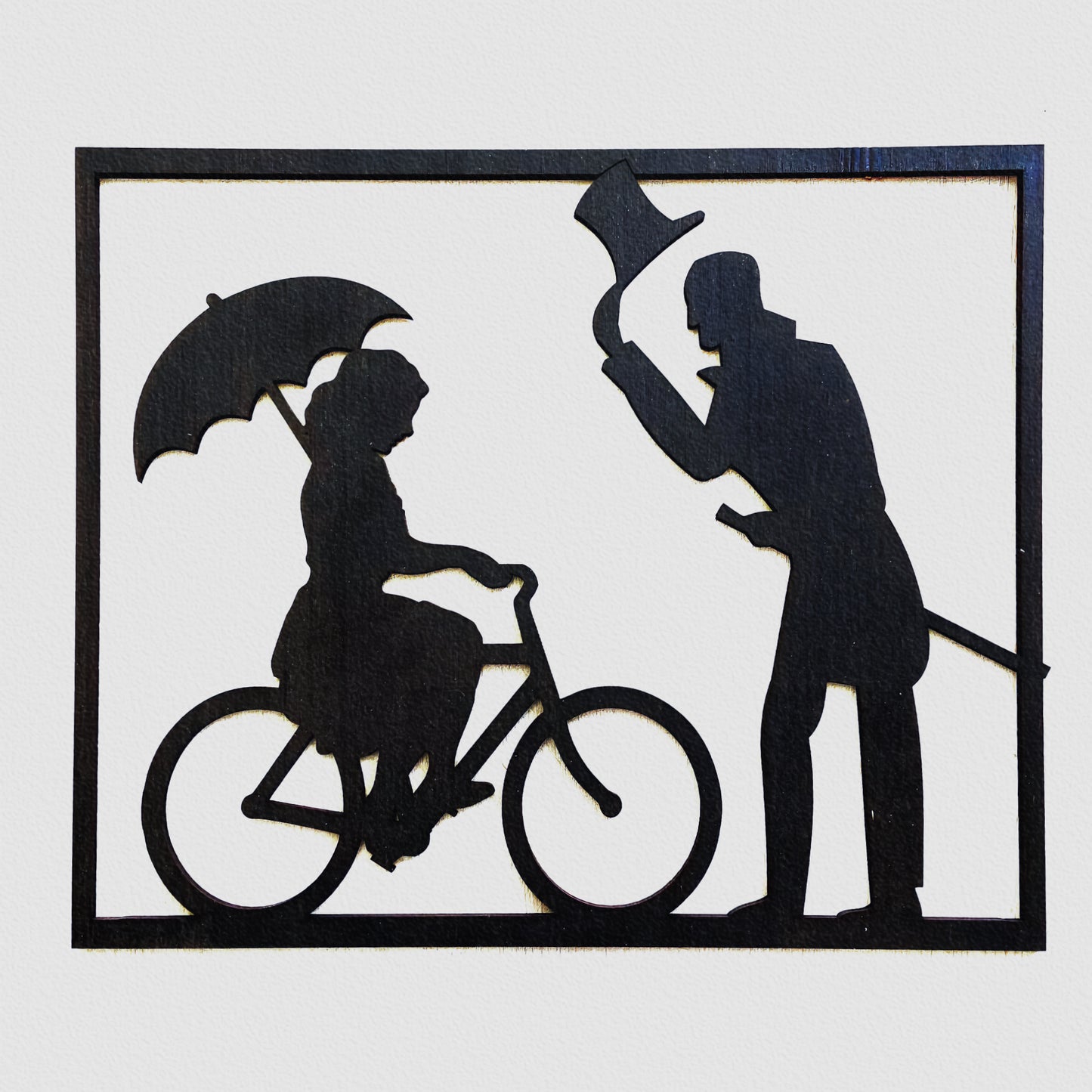 Tableau Femme à Vélo avec Parapluie et Homme Saluant