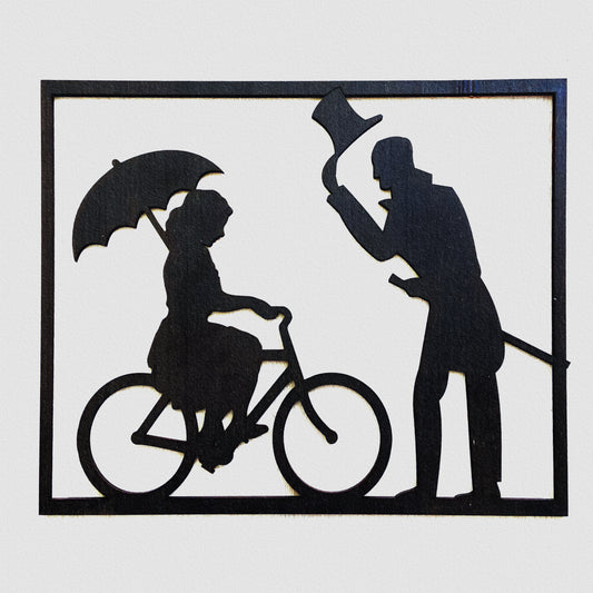 Painting Woman on Bicycle with Umbrella and Man Waving