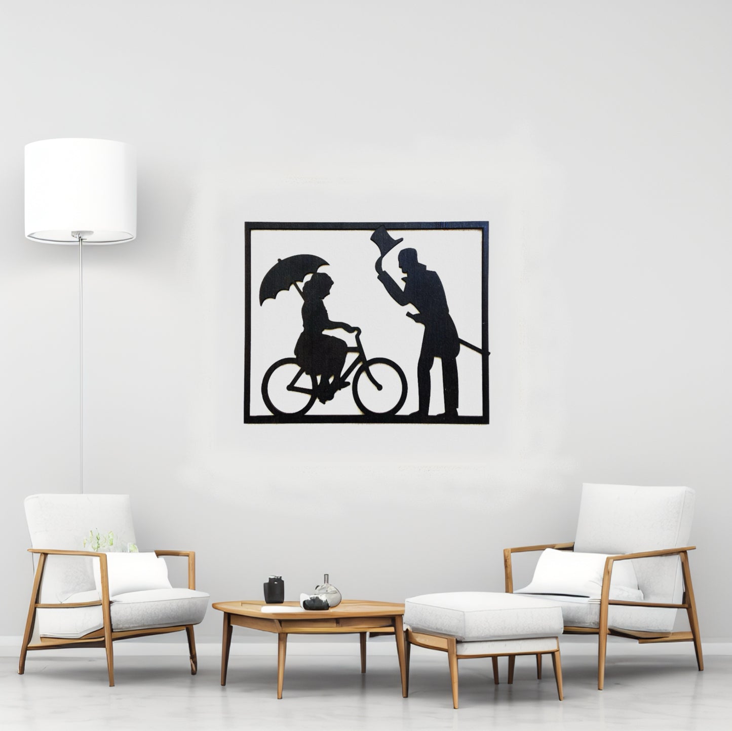 Tableau Femme à Vélo avec Parapluie et Homme Saluant