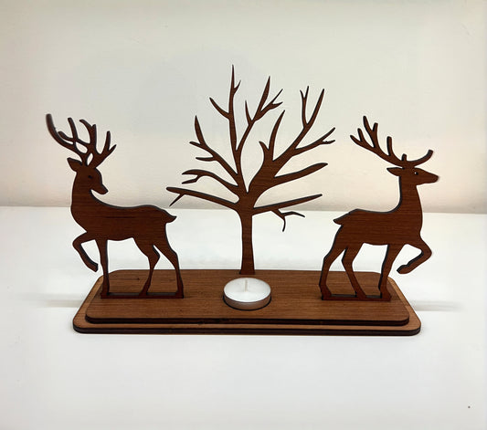 Bougeoir artisanale en bois - Cerfs et arbre