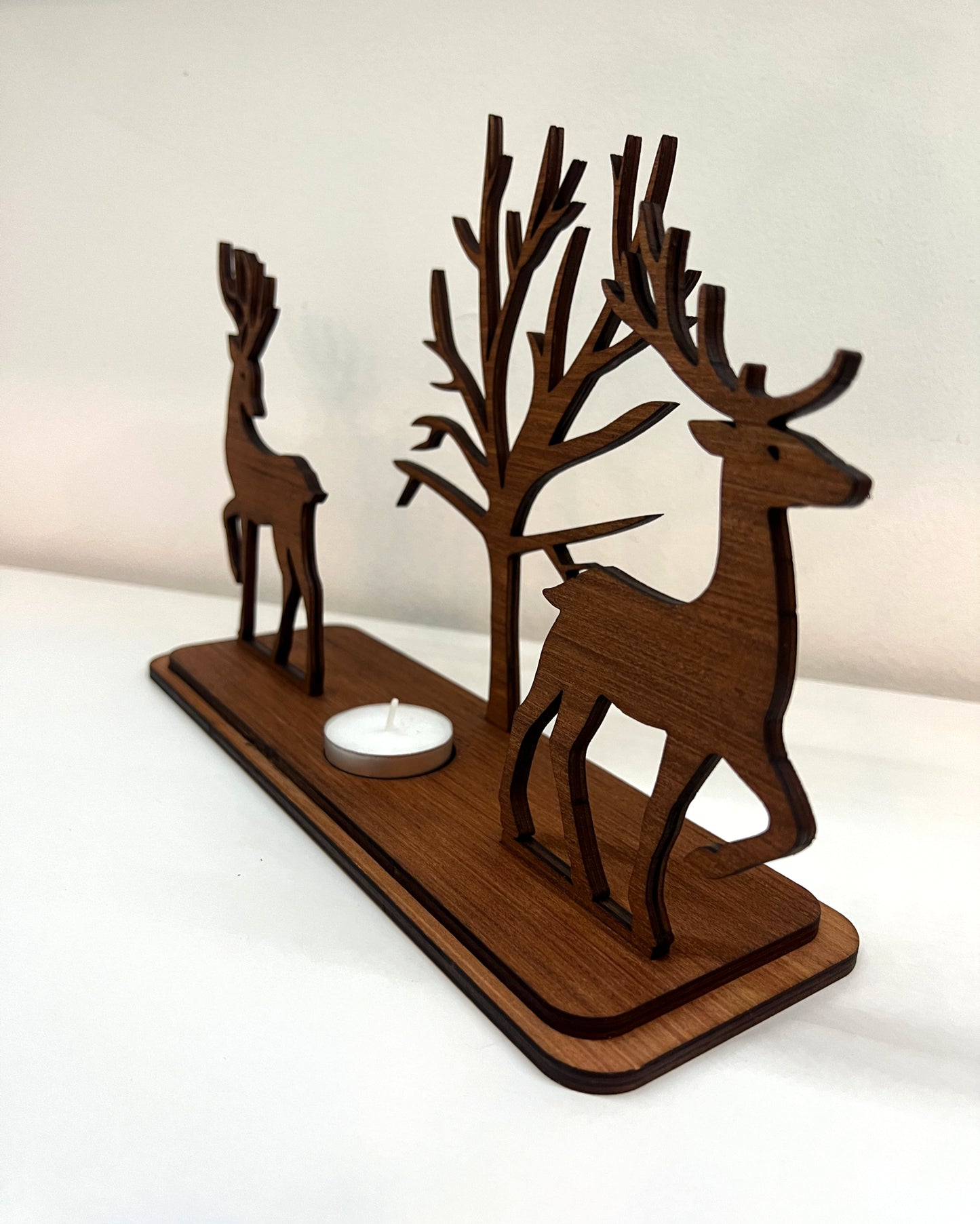 Bougeoir artisanale en bois - Cerfs et arbre