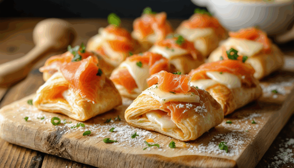 découvrez des roulés feuilletés au fromage et saumon, faciles à préparer et délicieux, qui surpassent toutes les verrines pour vos apéritifs et repas festifs.