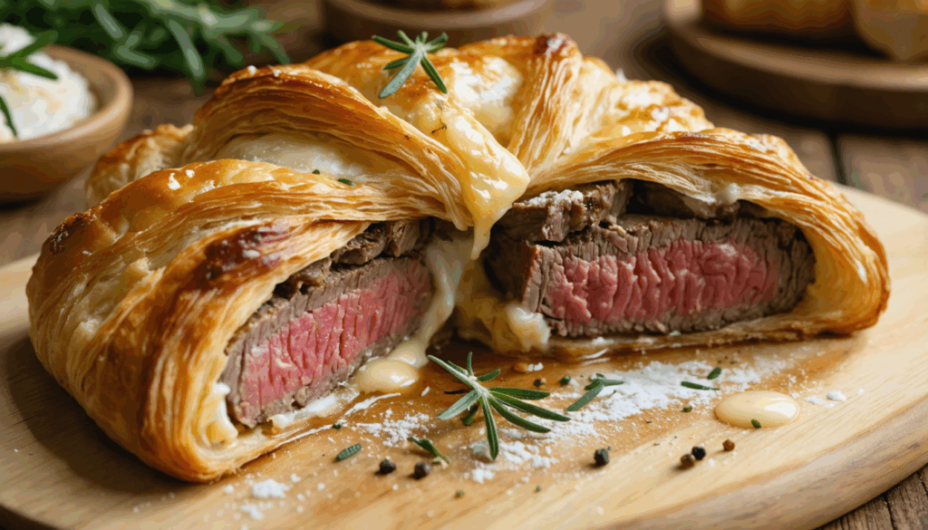 découvrez la recette gourmande du filet mignon en croûte au boursin, alliant une pâte dorée et croustillante à une viande tendre et savoureuse pour un repas magique.