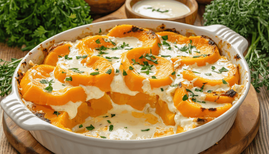découvrez notre gratin fondant de butternut au fromage frais, une recette réconfortante agrémentée d'herbes fraîches et de crème, parfaite pour les soirées d'hiver chaleureuses.