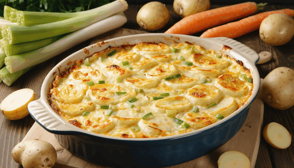 découvrez notre recette facile et dorée de gratin fondant aux pommes de terre, poireaux et carottes, idéale pour des repas quotidiens savoureux et réconfortants.