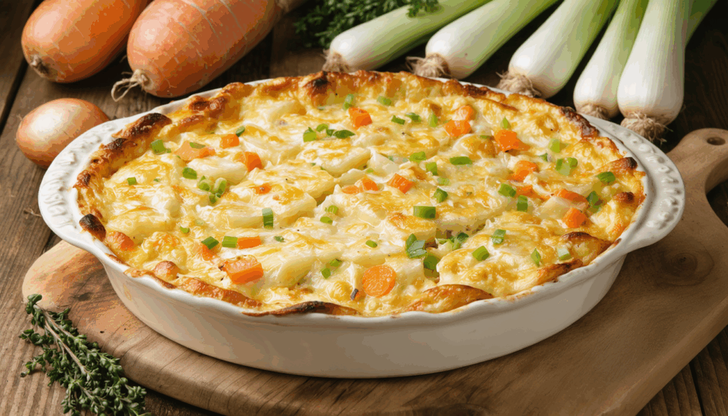 découvrez notre recette facile de gratin fondant aux pommes de terre, poireaux et carottes, pour un plat délicieux, bien doré et plein de saveurs.