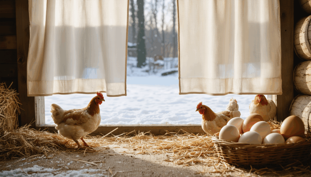 découvrez comment l'utilisation des rideaux dans les poulaillers en hiver améliore la qualité des œufs en protégeant les poules du froid et en optimisant leur confort.