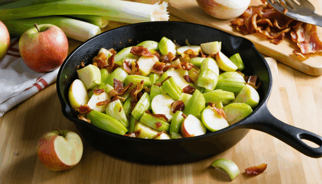 découvrez une recette express et savoureuse de poêlée de poireaux, pommes et lardons, prête en seulement 10 minutes pour régaler toute la famille facilement.