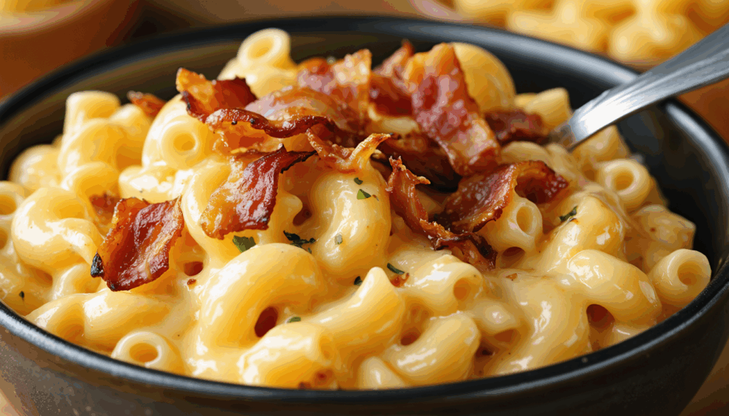 découvrez notre macaroni au fromage onctueux au cheddar vieilli, agrémenté de bacon doré et d'une délicate touche de sirop d’érable pour une saveur unique et gourmande.