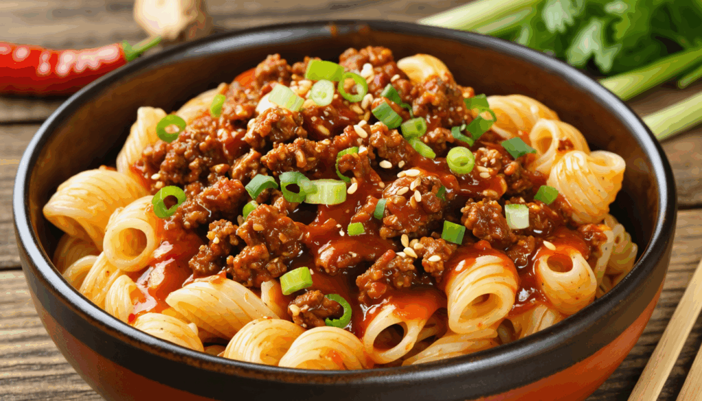 découvrez une recette savoureuse de macaronis épicés au bœuf, relevés avec une délicate touche de gochujang pour un plat parfumé et plein de caractère.