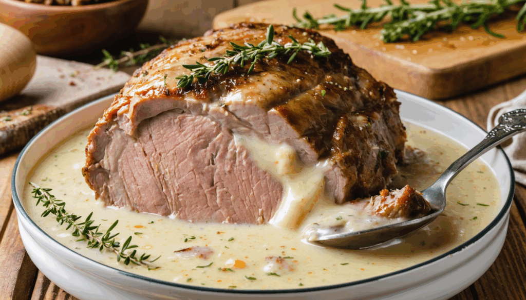 découvrez la recette du rôti de porc mijoté au lait, une préparation qui garantit une viande d'une tendreté extrême se découpant à la cuillère pour un repas savoureux et fondant.