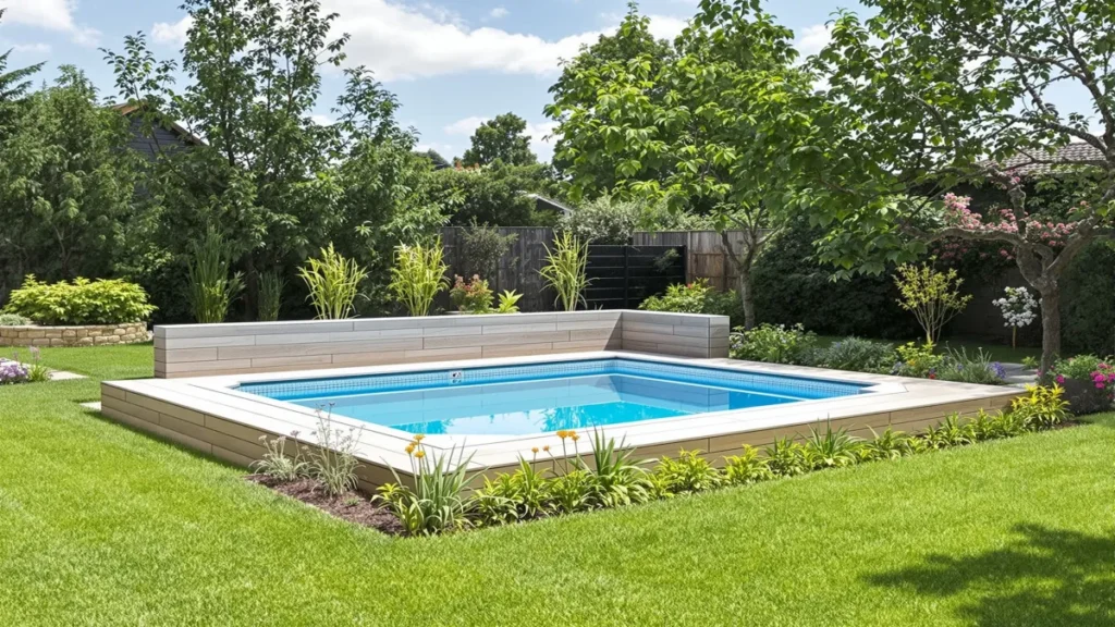Piscine extérieure entourée de verdure luxuriante.