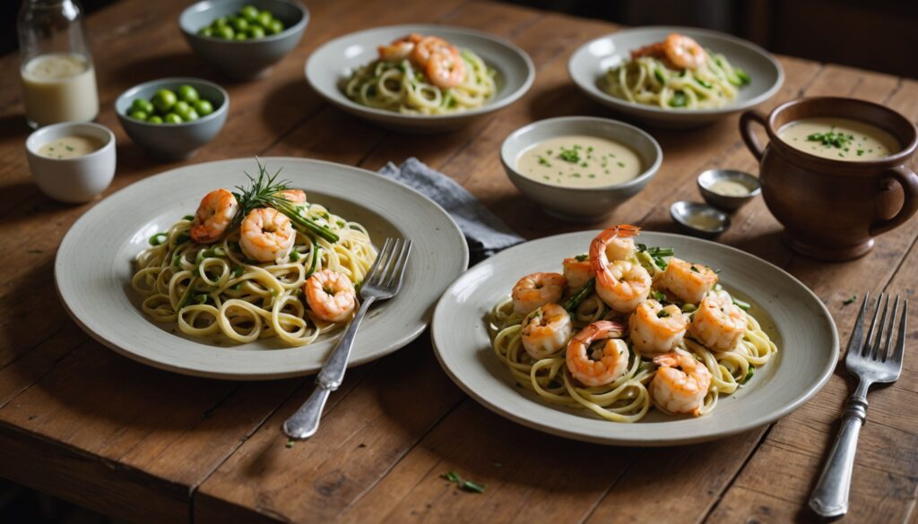 Linguine fondantes aux poireaux, crème veloutée et crevettes savoureuses