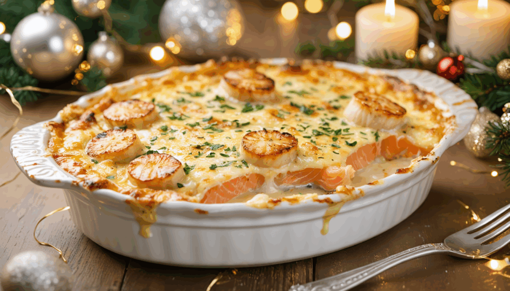 découvrez notre gratin onctueux saumon & saint-jacques, une délicieuse alternative à la traditionnelle dinde pour un noël gourmand et festif.